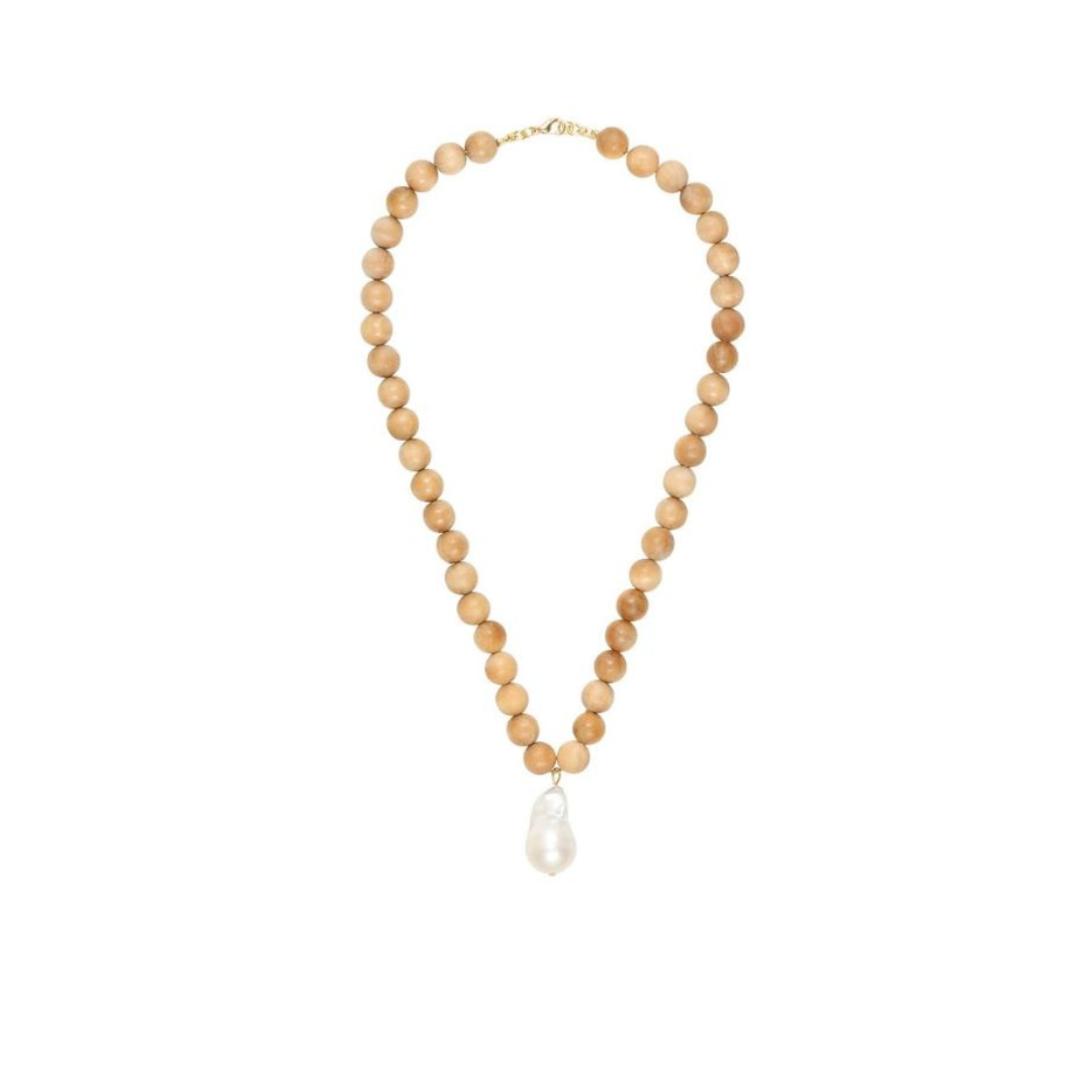 Gold Plated Wood Beaded Pearl Necklace