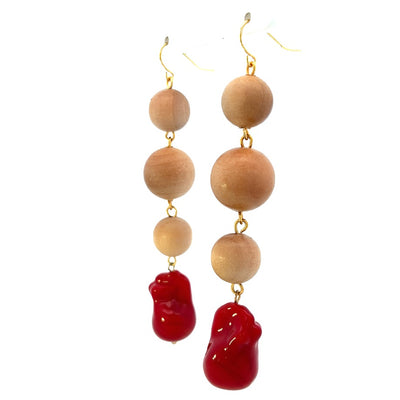 Gold Plated Wood and Red Glass Earrings