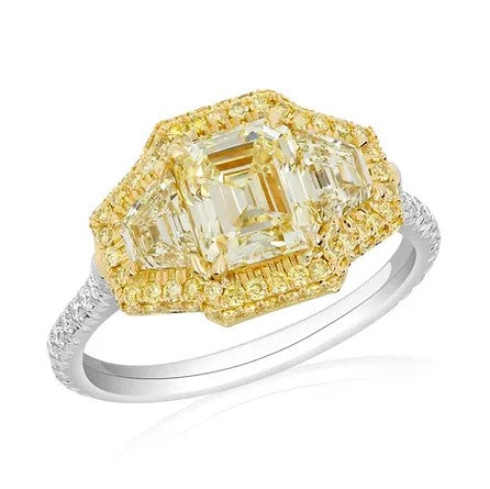 Platinum and Yellow Gold Yellow Emerald Cut Diamond Ring