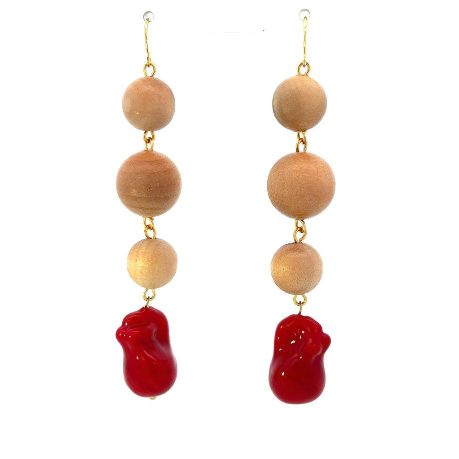 Gold Plated Wood and Red Glass Earrings