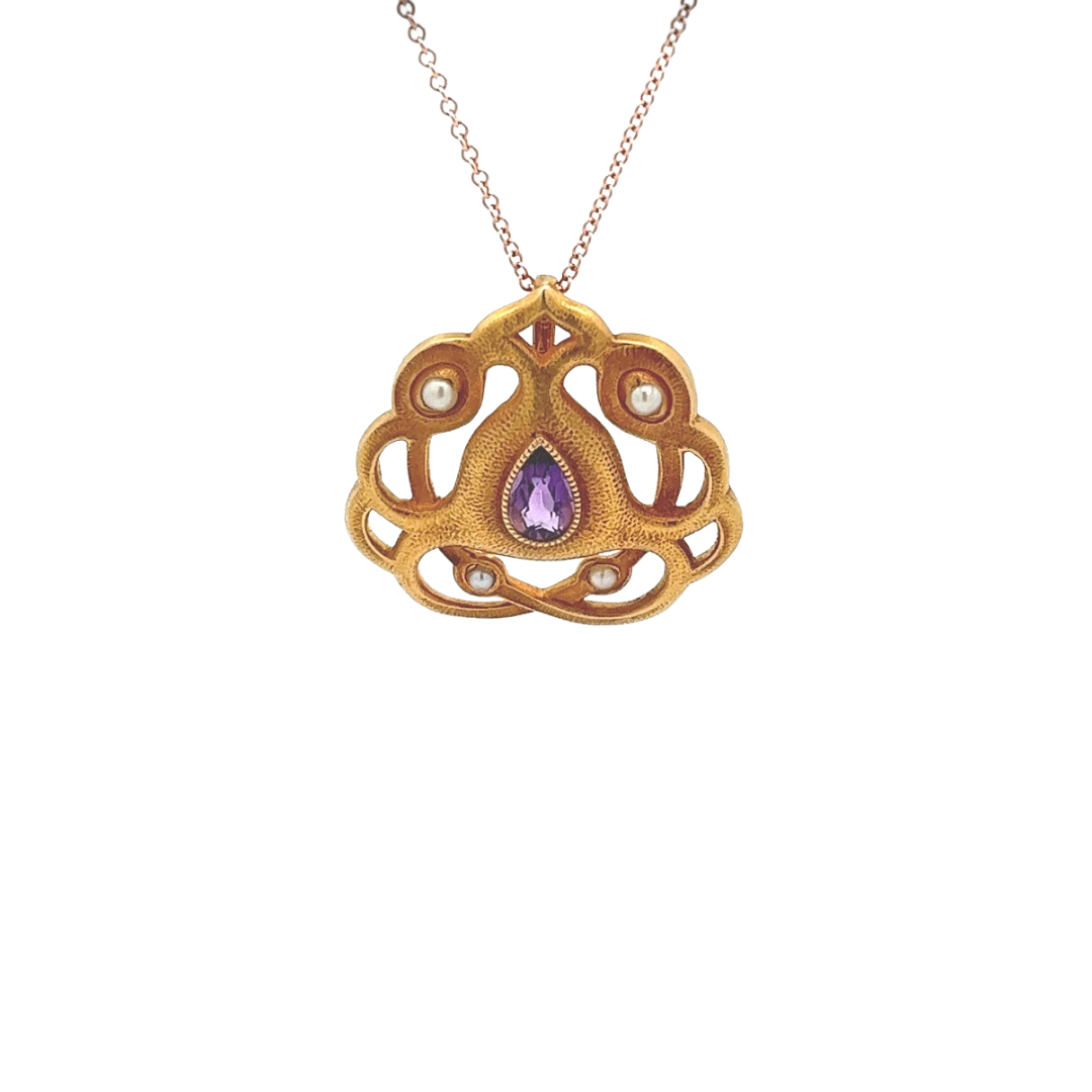14k Gold Amethyst and Pearl Pendant