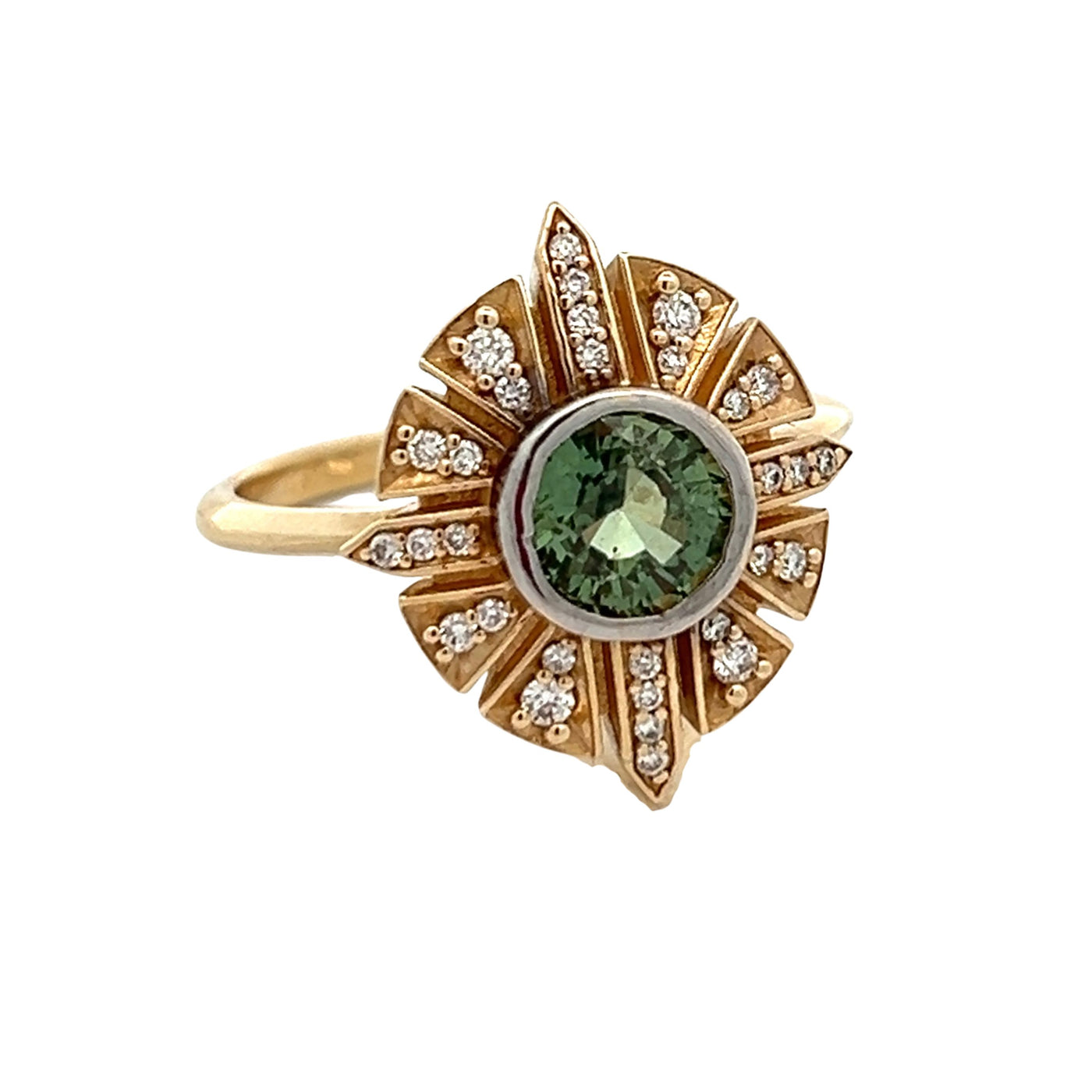 14k Green Sapphire + Diamond Ring