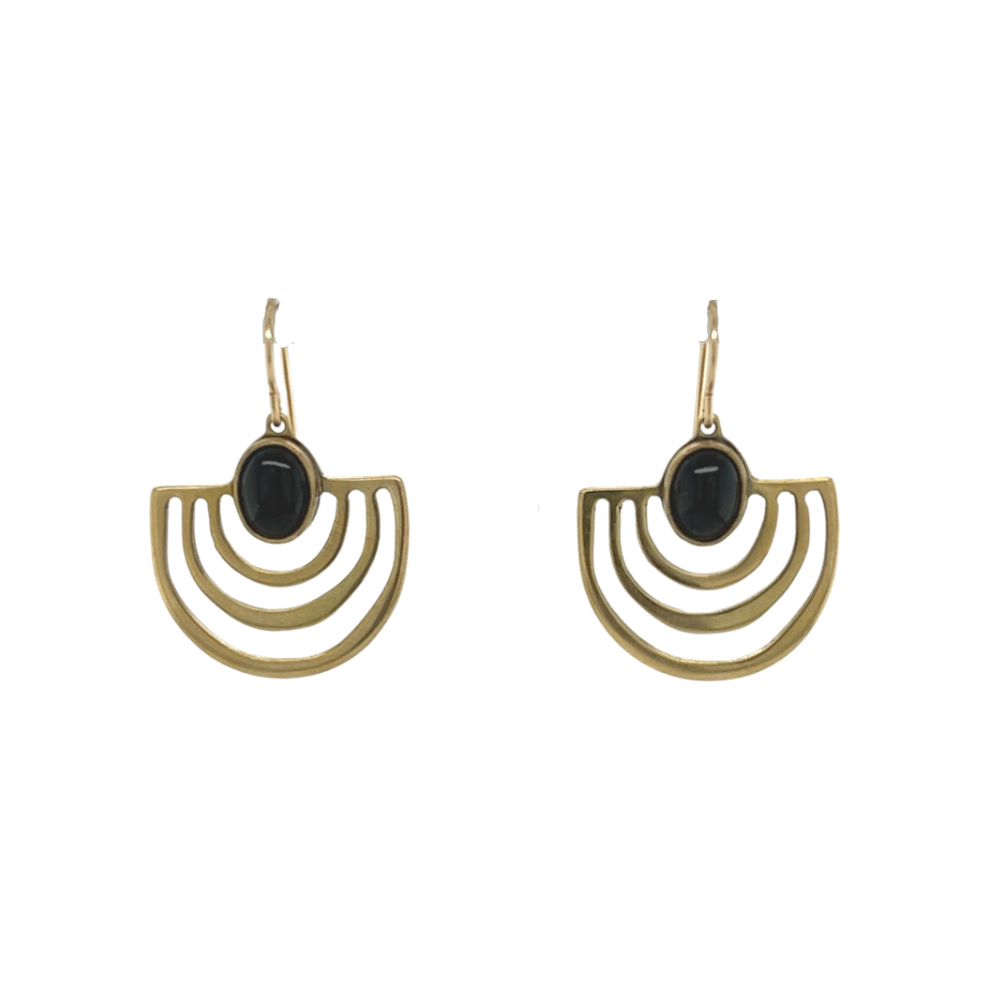 Brass Onyx Halo Earrings