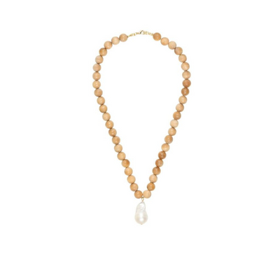 Gold Plated Brass Pine Wood Beads with Baroque Pearl Pendant