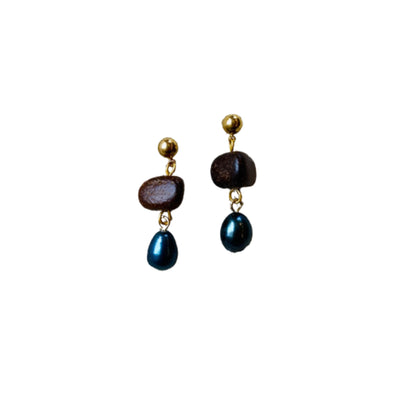 Gold Plated Brass Wood and Pearl Earrings