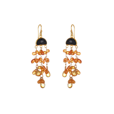 Gold Plated Black Druzy Quartz With Citrine Carnelian Orange & Pink Tourmaline Earringss