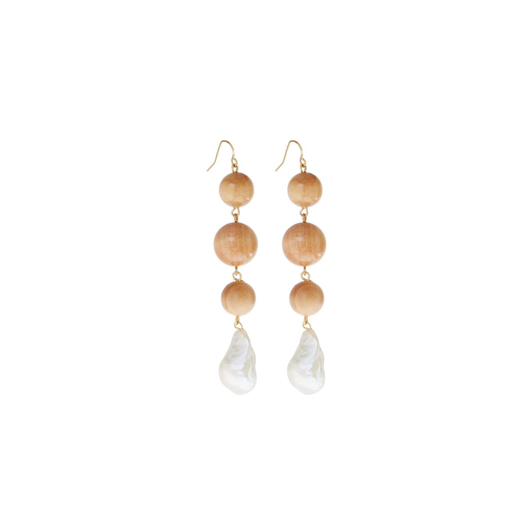 Wood & Pearl Drop Earrings