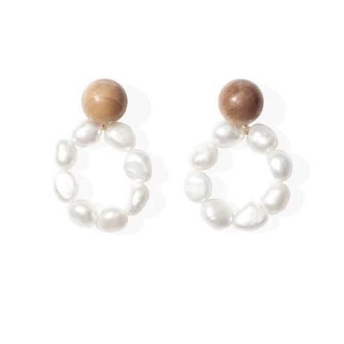 Gold Filled Freshwater Pearl & Pine Wood Earring