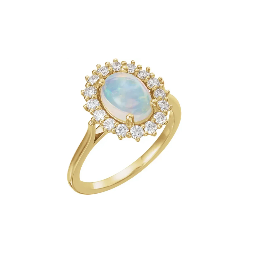 14k Gold Natural Ethiopian Opal & Diamond Halo Ring