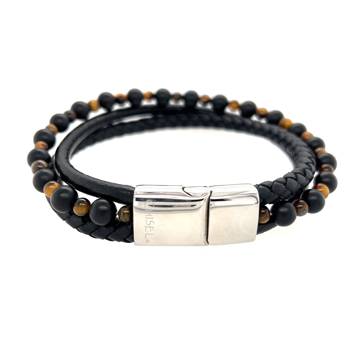 Stainless Steel Leather and Bead Stone Bracelet