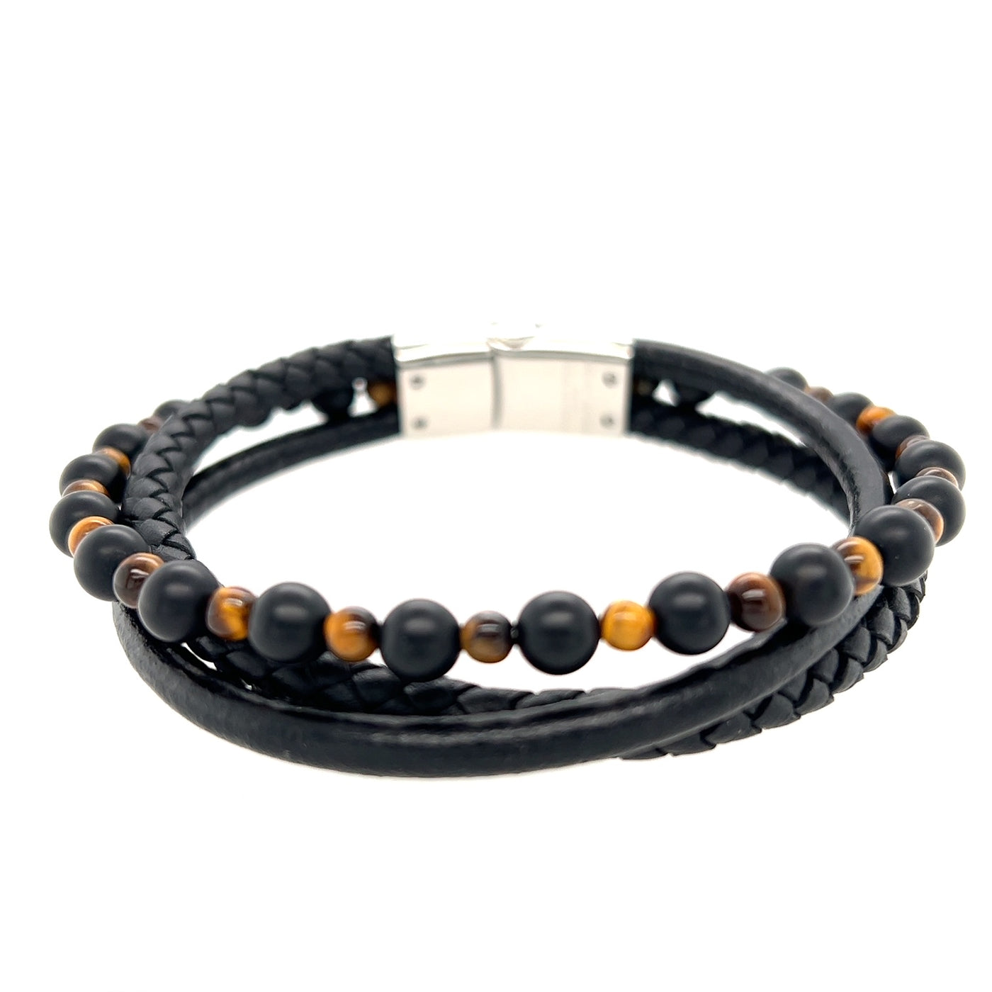 Stainless Steel Leather and Bead Stone Bracelet