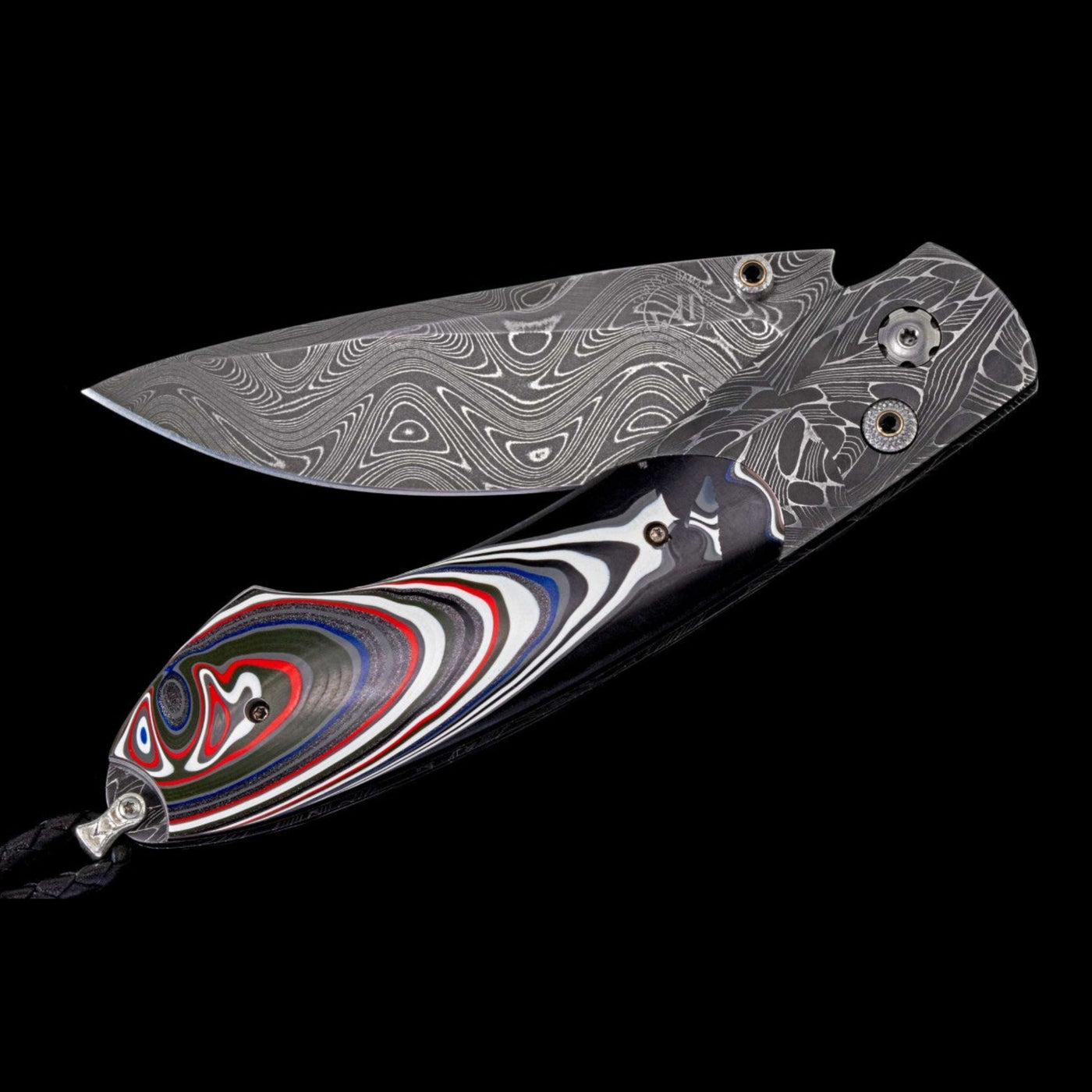 Damascus Knife Inlaid with Fordite & Spinel Gems
