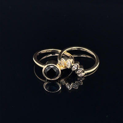 14K Gold Onyx Blooming Lotus Ring Set